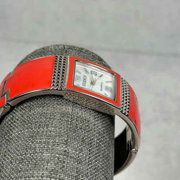 Studio Time Watch Women 21mm Rectangle MOP Dial Red Enamel Cuff Band New Battery - Picture 3 of 11